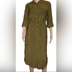 Anthropologie Maeve Olive Roll Up Sleeve Shirt Dress Adjustable Cinch Waist  4